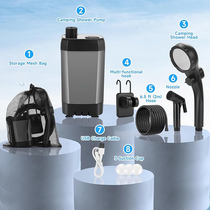 vignuto Portable Shower for Camping, Rechargeable Camping Shower Pump with LED Display of Battery Level and Temperature