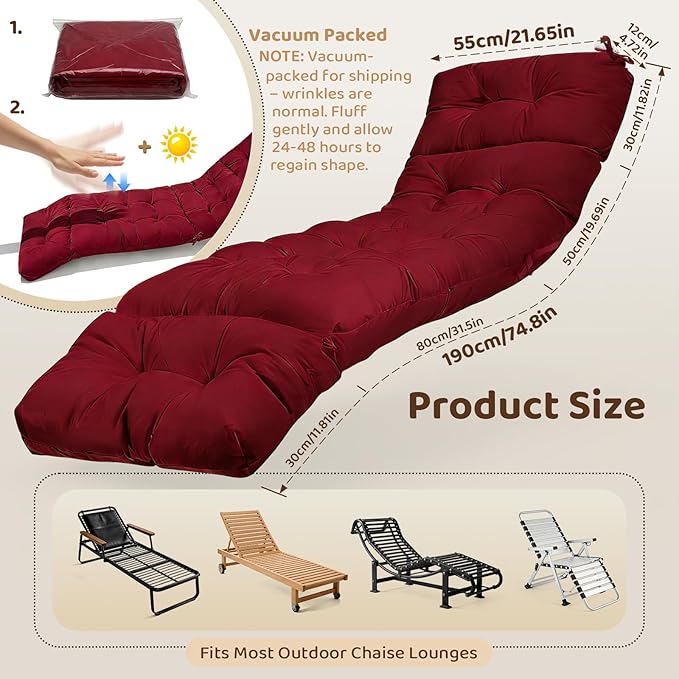 Waterproof Outdoor Lounge Chair Cushions 74.8 x 22 x 4.7 Inches，Chaise Lounge Chair Cushions Replacement for Outdoor Furniture with Ties, Thickened Patio Pool Bench Lounge Chair Cushions