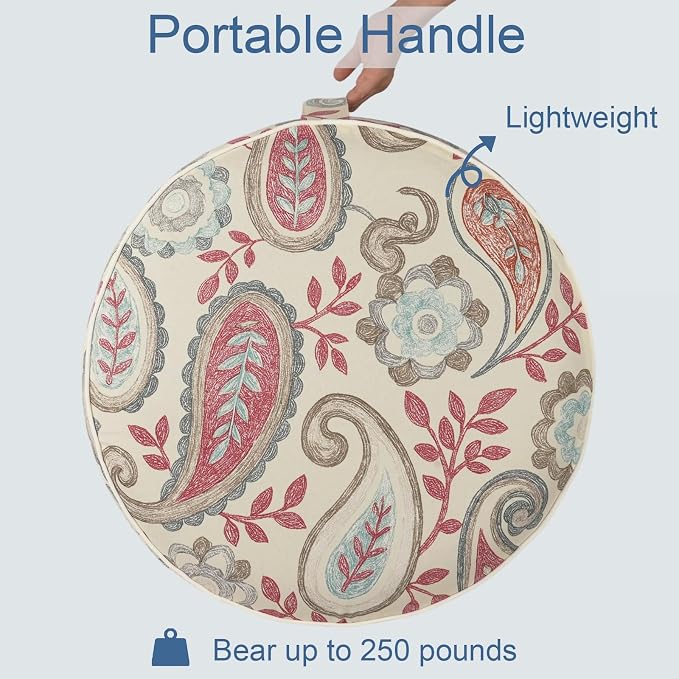LVTXIII Indoor/Outdoor Inflatable Ottoman with Handle D21 x H9 Inch, Weather-Resistant Round Footstool Pouf for Patio Camping Living Room, Portable Footrest Extra Seating, Paisley Vintage