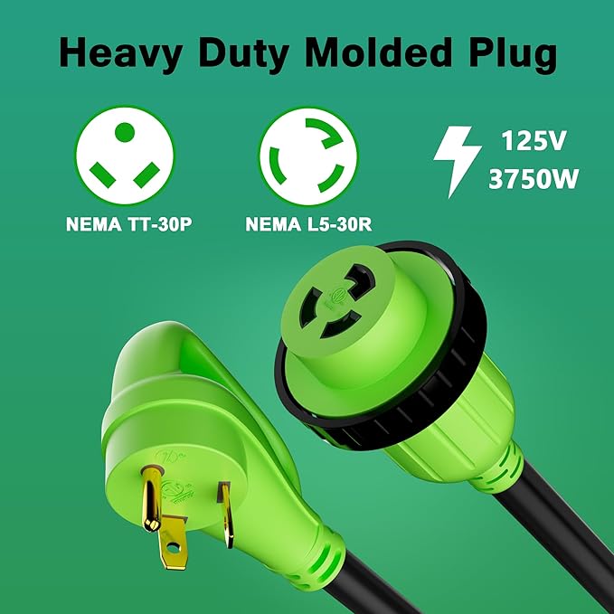 RV Adapter Plug 30 Amp to 30 Amp Cord with Locking Connector, NEMA TT-30P Male to L5-30R Female, STW, 10AWG, Heavy Duty Electrical Power Cord, 125 Volts 3750 Watts, 1FT, Green