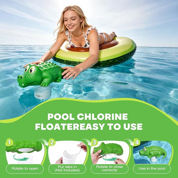 Pool Chlorine Floater,Large Capacity Floating Chlorine Dispenser-Fits 1 & 3 Inch Tablets,Hard Plastic Material Prevents Aging,Applicable to Swimming Pools, Spas, Hot Tubs (Crocodile)