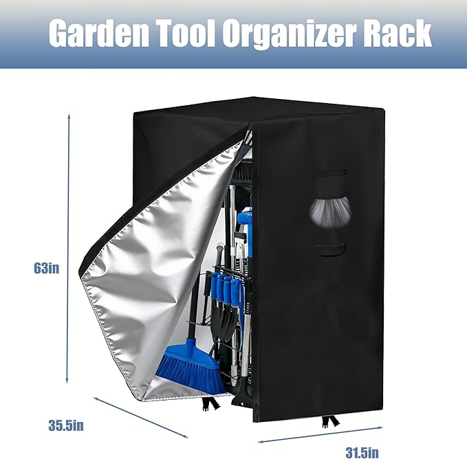 Garden Tool Organizer Rack Cover, 35.4"x31.5"x63", All-Weather Water-Resistant Cover, 420D Oxford Fabric, Easy-Access Tape Closures, Handles and Ventilation for Outdoor Storage