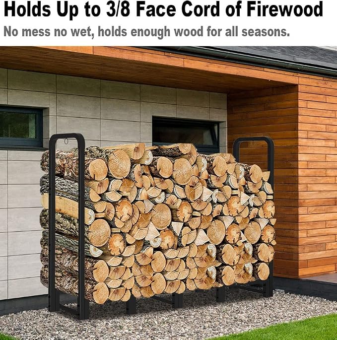 Firewood Rack Stand 6ft Heavy Duty Logs Carrier Holder for Outdoor Indoor Fireplace, Matte Black