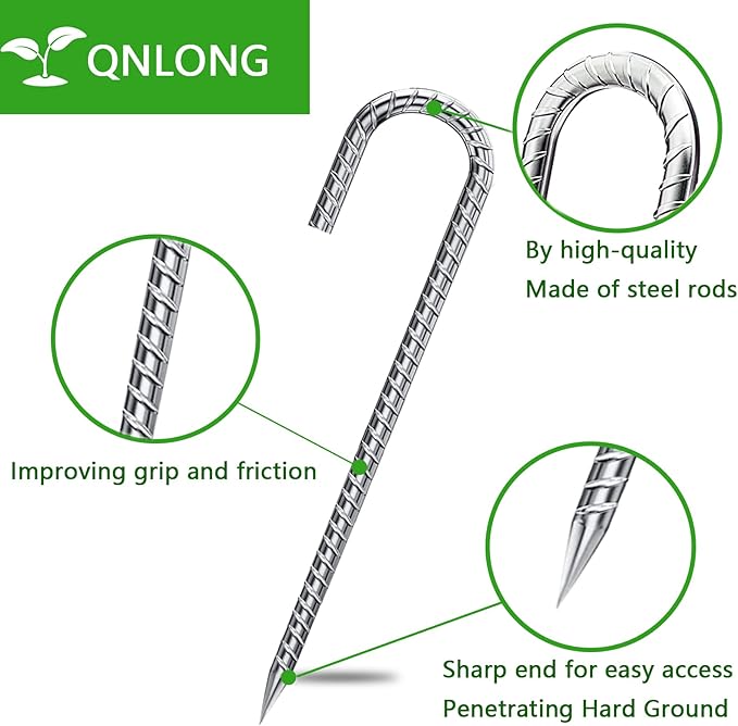 12 Inch 6 Pack Garden Stakes Heavy Duty J Shape Galvanized Rebar Stakes, Anti-Rust 8mm Steel Ground Tent Stakes for Trampolines Swing Set Lawn Decorations Inflatables Canopy Position Kits Fences