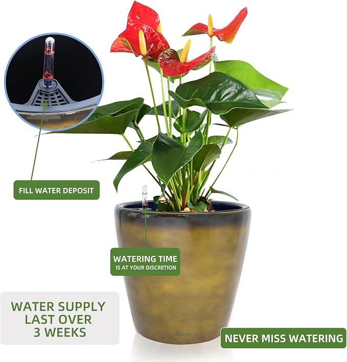 Dexceder 13x12 Self Watering Planter with Wheels (Yellow Brown Gradient) | Inner Pot Design, Thickened Large Floor Standing Flower Plant Pot with Water Level Indicator Indoor Outdoor