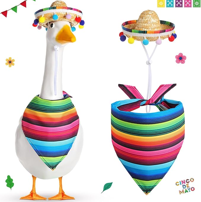 Shyyween Mexican Porch Goose Outfit for 23"/ 17'' Lawn Goose Statue Sombrero with Bandana Scarf for Garden Patio Yard Decor(Bright)