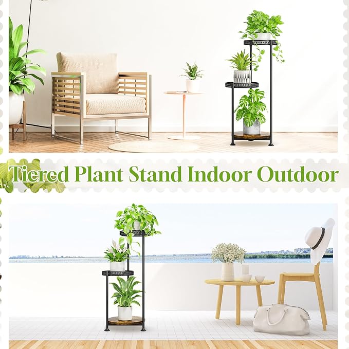 Oppro Plant Stand Indoor Outdoor Clearance, 3 Tier Metal Flower Shelf Pot Holder, Tall Multiple Plants Corner Rack Narrow House Orchid Display Organizer for Patio Office Porch Living Room Garden, Black
