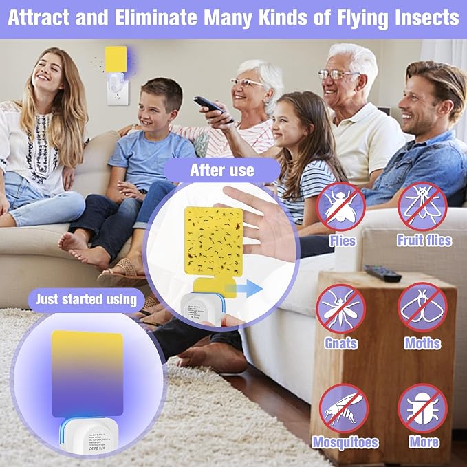 Flying Insect Trap Plug-in, Indoor Mosquito & Gnat Killer, Safe Non-Toxic UV Light Fly Catcher, Night Light Bug Trap with Sticky Pad for Flies, Gnats, Moths (2 Pack, Bright White)