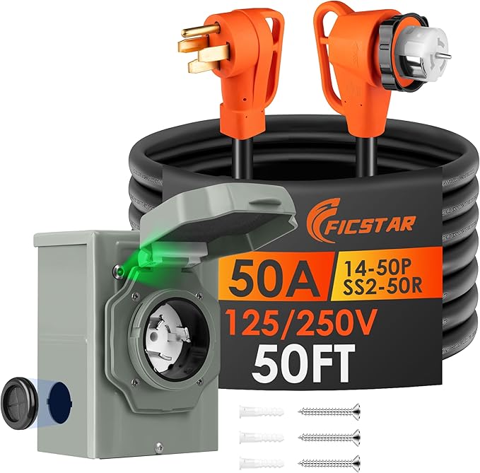 50FT 50 Amp Generator Cord and Power Inlet Box Kit, NEMA 14-50P to SS2-50R Generator Extension Cord, Pre-Drilled 50 Amp Generator Inlet Box with STW Wire, 125/250V, 12500W;UL&ETL Listed
