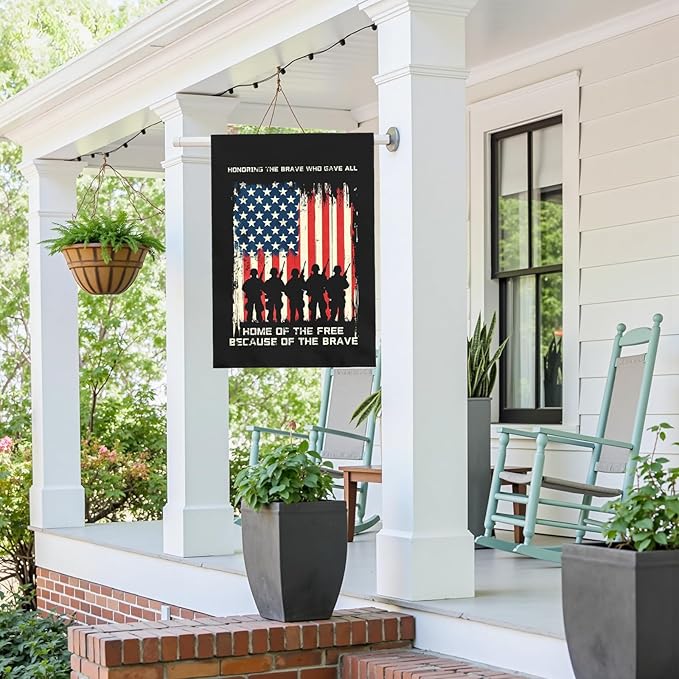 Memorial Day Patriotic House Flag Honoring Fallen Soldiers Home Of The Free Because Of The Brave Outdoor Yard USA Flags Honor And Brave Garden Banner Lawn Porch Patriotic Decor 28 x 40 Inch