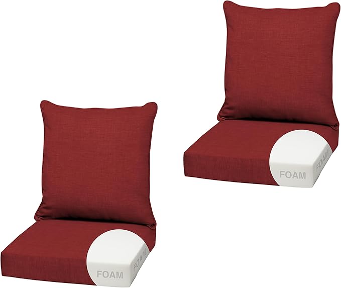 Arden Outdoor Foam Deep Seat Cushion (2-Pack), 22x24, Premium High-Density Foam, Never Flattens, Weather-Proof for Patio Chair Sofa Couch, Ruby Red Leala