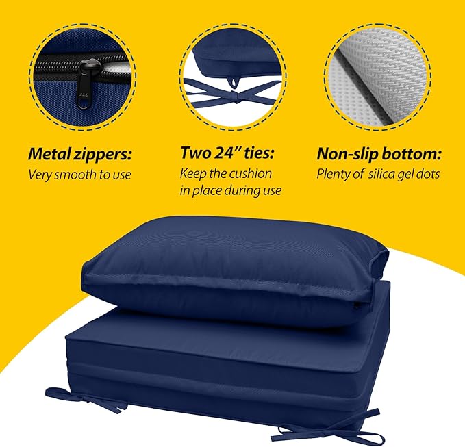 AAAAAcessories Outdoor Seat Cushions for Chairs, Fade-Resistant, Waterproof Patio Furniture Replacement Cushions, 25.5" x 25.5" x 5" + 25.5" x 13.5", Navy Blue