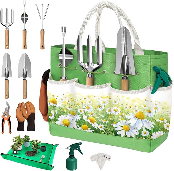 22Pcs Garden Tools Set for Women,Heavy Duty Hand Tool Kit,Gifts for Mothers Day Mom Beginner Gardening Essentials with Large Tote Bag/Repotting Mat/Trowel/Rake/Pruner/Gloves/Plant Tags-Green