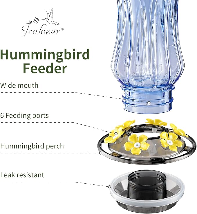 Jealoeur Hummingbird Feeder for Outdoors Hanging, 18 OZ Humming Birds Feeders with 6 Bee Guard Feeding Ports & Built-in Ant Moat, Easy to Clean, Durable Outdoor Garden Decor, Blue