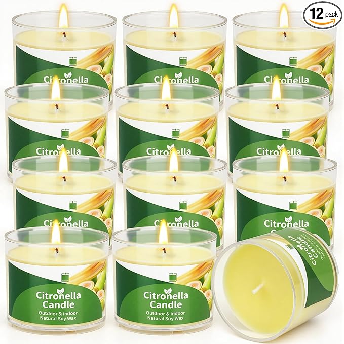 Citronella Candles Outdoor, 12 Pack Citronella Candles, 180 Hours Long Lasting Burn Time, Natural Soy Wax, Indoor & Outdoor Candle for Patio, Camping, Garden, Yard, Balcony, Summer Party, Home