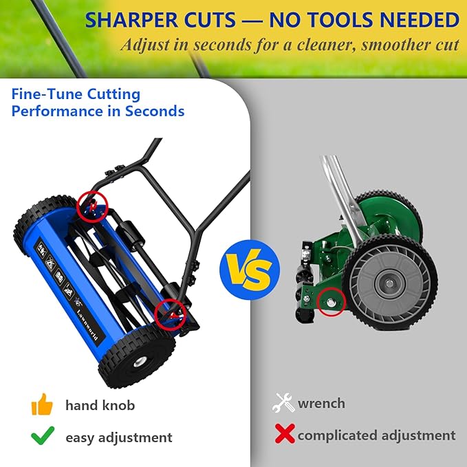 14-Inch Reel Lawn Mower with Tool-Free Blade Adjustment, 5-Blade Manual Push Lawn Mower, 5-Position Height Adjustable Hand Push Reel Mower for Small Yards