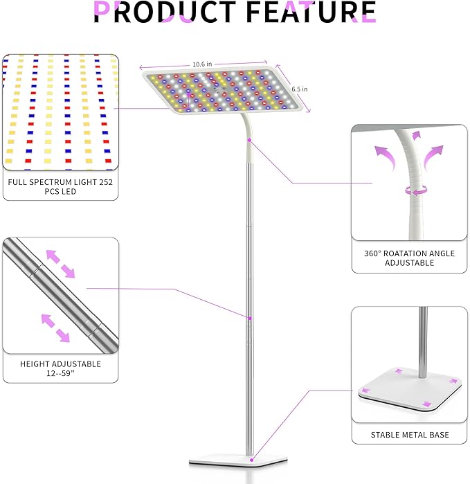 BESTVA 36W Grow Lights with Stand, Full Spectrum LED Plant Light, 12-59 Inch Height Adjustable Growing Lamp with Auto On/Off Timer 4H/8H/12H, 4 Dimmable Brightness
