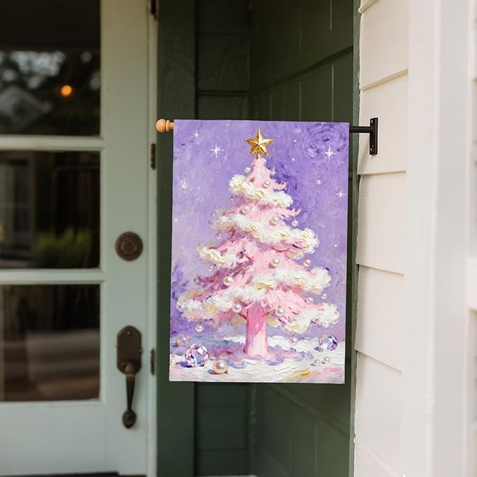 Christmas House Flag 28x40 Inch Purple Pink Xmas Tree Pearl Winter Holiday Decorative Garden Flags for Outside Double Sided Seasonal Outdoor Home Farmhouse Decoration Porch Yard New Year Decor