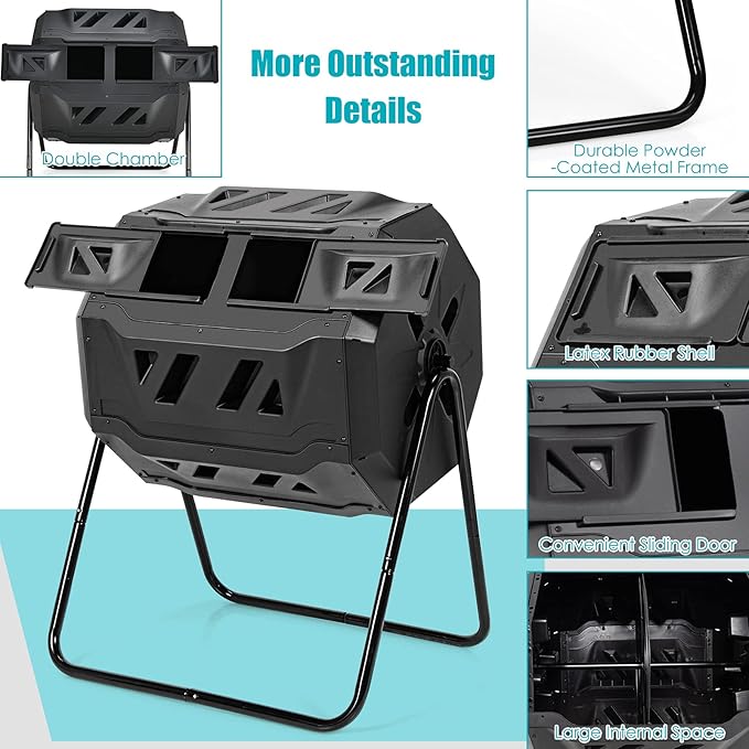 Goplus Compost Tumbler, 43 Gallon Rotating Compost Bin Barrel, Dual Chamber Tumbling Composter with Sliding Door, Gloves, Aeration System for Outdoor, Garden, Yard