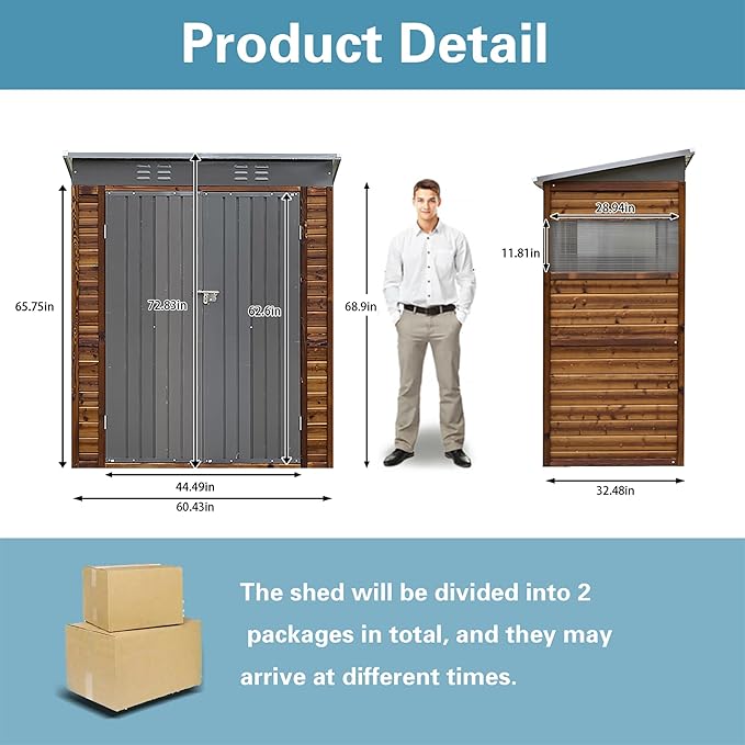 YOPTO 3 x 5 FT Storage Shed with Four Ventilation Vents,Lean to Wood Combination Tool Shed W/Double-Hinged Iron Doors,All Weather Waterproof,for Backyard,Patio,Lawn,Garden,Wood