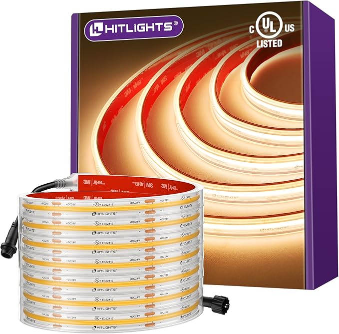 Outdoor COB LED Strip Lights Waterproof 2700K, 16.4ft IP67 24V Tape Light Warm White High Density, 2560 LEDs, 305 lm/ft, CRI 90+, Lighting for Backyard, Garden, UL Listed (Power Source Not Included)