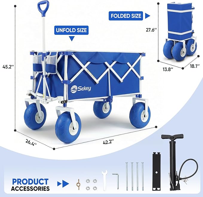 Sekey Heavy Duty Beach Wagon with 9" Big Sand-Proof Wheels – 600lb Capacity, 200L Oversized Foldable Cart | Adjustable Handle & All-Terrain Tires for Sand, Camping