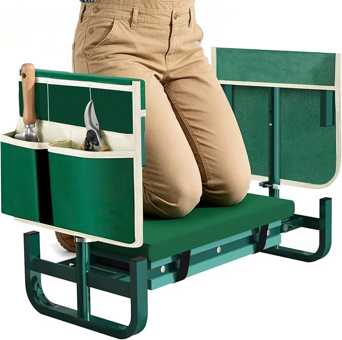 AUROPEAK 2-in-1 Garden Kneeler and Seat, Adjustable Garden Stool with Thickened Pad & Handles, 7-Level Height Adjustment, Foldable 420lbs with 2 Tool Bags for Seniors Gardening Outdoor Use