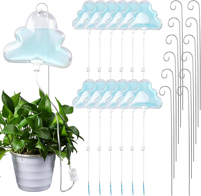 Zhengmy 12 Pcs 500ml Cloud Plant Self Watering Drip Water Bag with Flow Regulator, Automatic Plant Self Watering System with Drip Water IV Bag and Support Rod Stake for Potted Indoor Outdoor Waterer