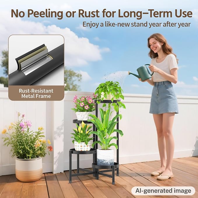 LASZOLA 4 Tier Large Plant Stand Indoor Tall with 10 Inch Metal Tray, Corner Folding Flower Display Rack, Modern Plant Holder Shelf for Outdoor Patio Porch Garden Office Living Room, Black