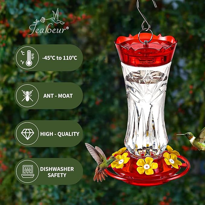 Jealoeur Hummingbird Feeder for Outdoors Hanging, 18 OZ Humming Birds Feeders with 6 Bee Guard Feeding Ports & Built-in Ant Moat, Easy to Clean, Durable Outdoor Garden Decor(Clear A 1 Pack)