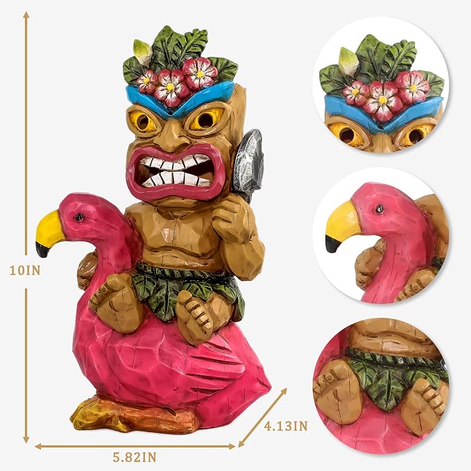 Solar Tiki Garden Statue Outdoor Decor with Flamingo Waterproof for Tiki Bar, Patio, Balcony, Yard, Lawn, Front Door Decorations, Gardening Gift for Tiki Man