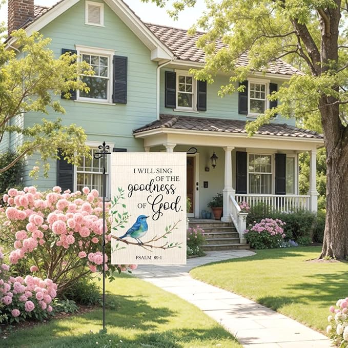 I Will Sing Of The Goodness Of God Garden Flag, Psalms 89:1 Religious Garden Flag Double-Sided Yard Outdoor Decoration 12x18 Inch, Spring Christian Bluebird Outdoor Yard Home Decor Banner