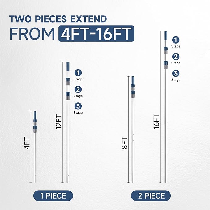 Pool Pole, 16FT Telescopic Pool Cleaning Pole, Professional Aluminum Swimming Pool Poles, 1-1/4" Universal Connector for Skimmer Net, Brush & Vacuum Head