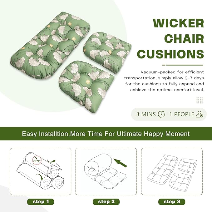Wicker Chair Cushions Set, 2 U-Shaped Cushions & 1 Loveseat, Waterproof Outdoor Loveseat Cushion for Patio Furniture, Settee Bench Pad All Weather,Ginkgo
