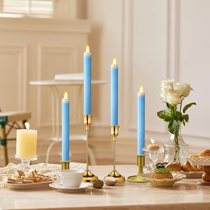 KSWING Upgraded Real Wax LED Flameless Light Blue Taper Candles with Remote, 6 PCS Candlesticks Battery Operated 3D Flickering - 9.6" Long Realistic Fake Candle Sticks for Home/Wedding/Xmas Decor