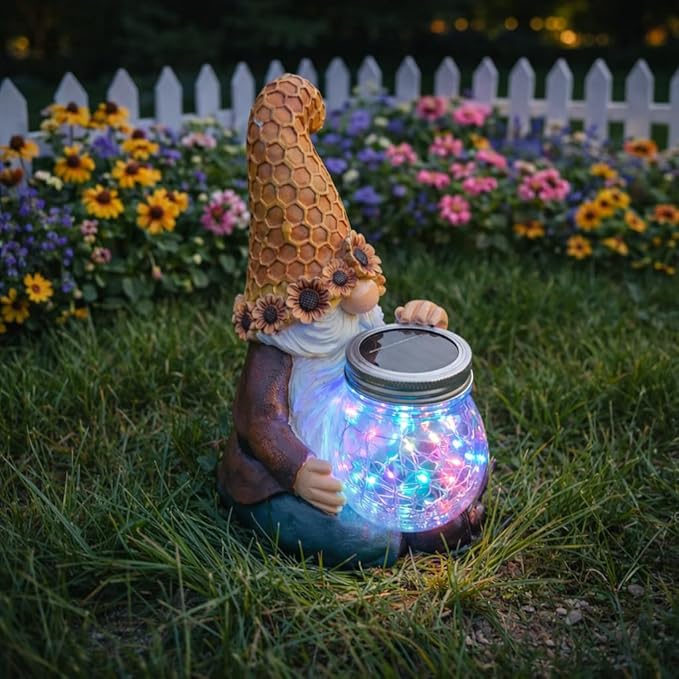 Lyeasw Outdoor Gnome Garden Decor with Solar Light, Sunflower Gnome Statue for Yard Patio Lawn, Resin Garden Gift for Women, Mom, Grandma, Housewarming