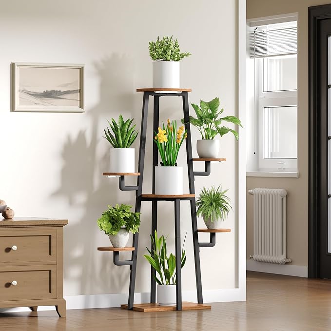 HOOBRO Plant Stand Indoor with Grow Lights, 7-Tier Plant Shelf for Multiple Indoor Plants, 47.2" Corner Plant Stand Organizer with Metal Frame, for Living Room, Balcony, Patio, Rustic Brown BF04DHJ01