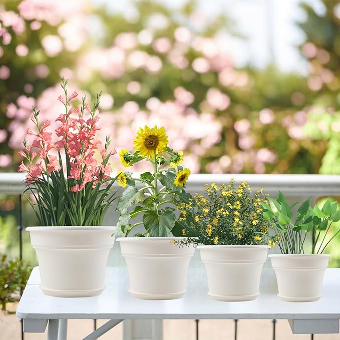 Pottiffe 6 Inch Plastic-Flower Pot-for-Indoor Plants, 6 Pack Outdoor Plant Pots with Drainage Holes & Saucers, Resin Garden Pots Planters