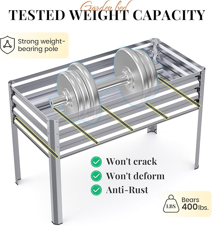 KING BIRD Large Raised Garden Bed with Legs Galvanized Elevated Planter Box 48×24×32 in for Backyard, Patio, Balcony, 400lb Capacity, Silver