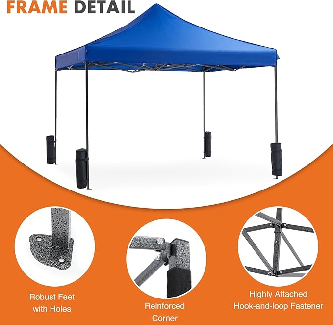 OLIXIS 10x10 Ft Pop Up Canopy Tent, Waterproof Portable Outdoor Shade Canopy with Sand Bags for Beach, Backyard Parties & Events, Royal Blue