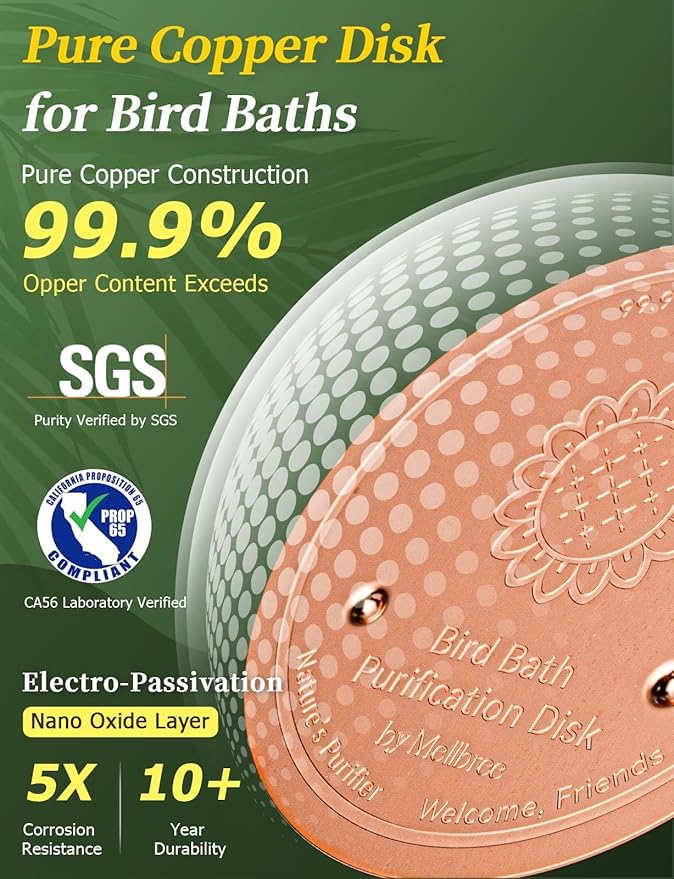 Mellbree Bird Bath Copper Disc, 0.6mm 99.99% Pure Copper for Natural Water Care, Fits Most Outdoor Birdbaths, Bowls, Solar & Heated Units (Sunflower)