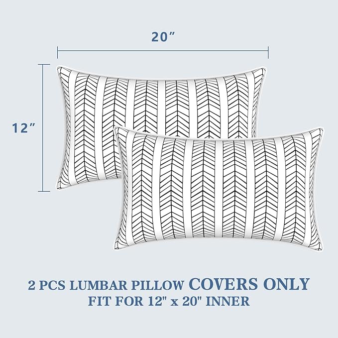 LVTXIII 2 Pack Outdoor Lumbar Pillow Covers 12x20 Inch with Piping, Water-Repellent Back Cushion Covers ONLY for Patio Furniture, Sofa, Garden Bench, Herringbone Black White