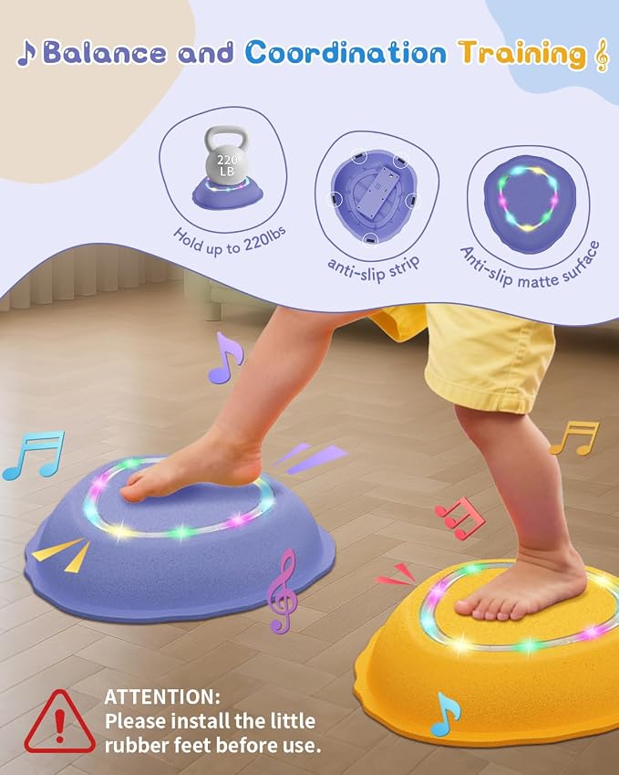 Rechargeable Stepping Stones for Kids, 6pcs Non-Slip Toddler Stepping Stones with Light&Music, Sensory Toys for Indoor and Outdoor Play, Gifts BalanceToys for Toddlers/Kids 3-5 Years Old