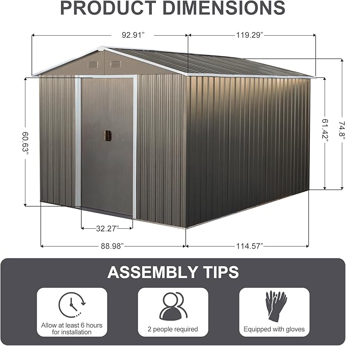 KEIKI 8x10 FT Outdoor Metal Storage Shed with Peaked Roof,Vents and Lockable Door for Garden Yard Lawn