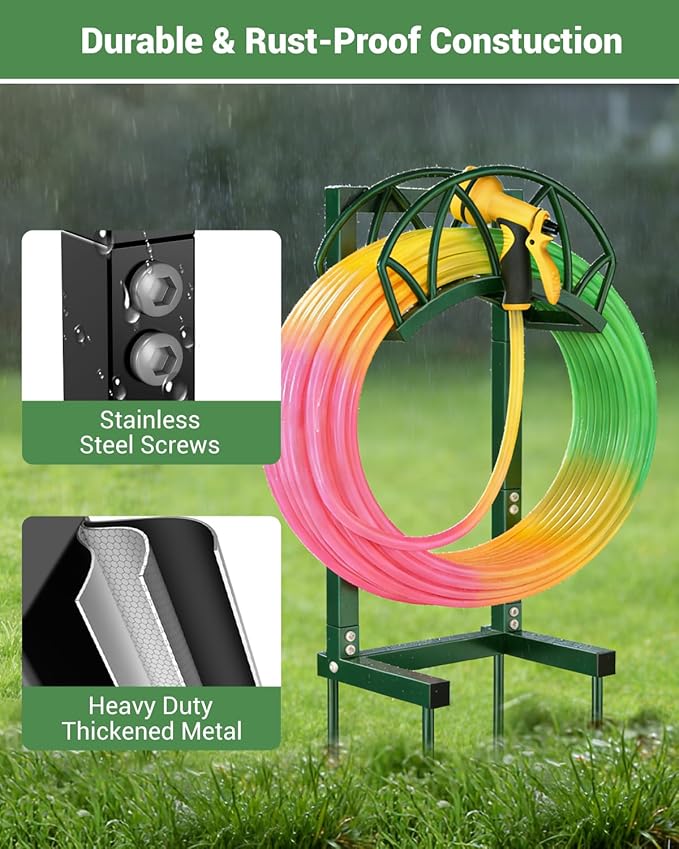 HZE Garden Hose Holder, Freestanding Water Hose Holder Stand for Outside, Heavy Duty Detachable Metal Garden Tube Storage Hanger Rack Holds 160 FT for Yard Lawn Farm, Green