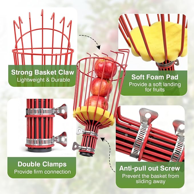 ARTIPOLY Twist-On Fruit Picker Basket Head, Fits Standard US 3/4-inch Acme Threaded Pole, Sturdy Fruit Harvesting Tool for Apple, Avocado, Mango, Orange, Lemon, Pear (Head Only, Pole Not Included)