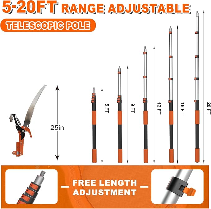 SISUPASSIE 26FT Reach Tree Trimmer, Telescoping Pole Saw with 5-20FT Extension Pole, Manual Tree Pruner Extendable for Yard, Garden, Patios
