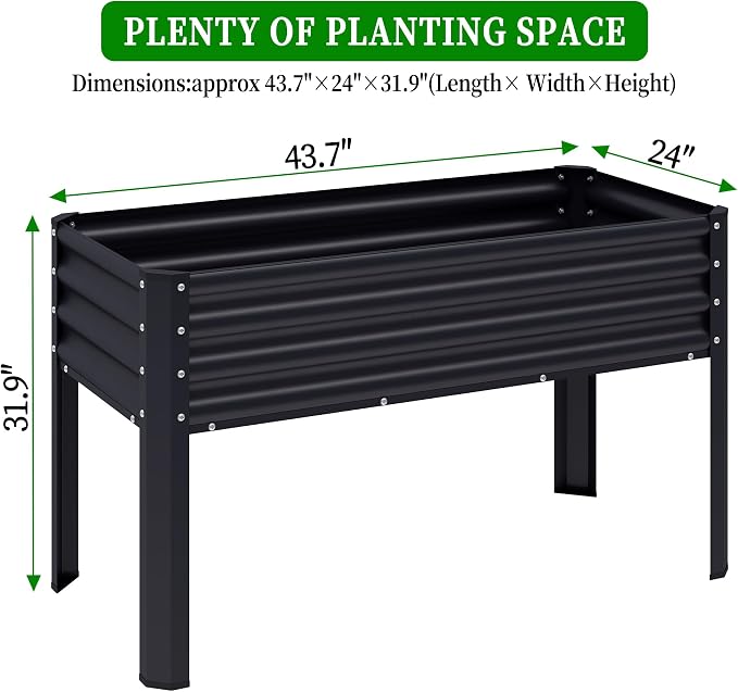 2Pcs Galvanized Raised Garden Bed with Legs, 43×24×32in Large Metal Elevated Raised Planter Box with Drainage Holes for Backyard, Patio, Balcony, 400lb Capacity,Black