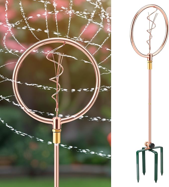 34" H Copper Coated Stainless Steel Ornamental Sprinkler, Corrosion Resistant Garden Rotating Sprinkler 360 Degree Shape Decorative for Lawn Garden Landscape(Wave Spiral)