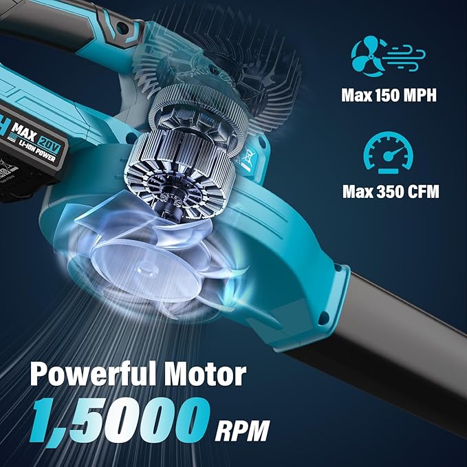 SEYVUM Leaf Blower, 20V Cordless Blower with 2 x 2.0Ah Battery, Electric Leaf Blowers for Lawn Care, 350 CFM 150 MPH Battery Powered Leaf Blower, for Patio, Garden Cleaning, Fast Charger, Blue